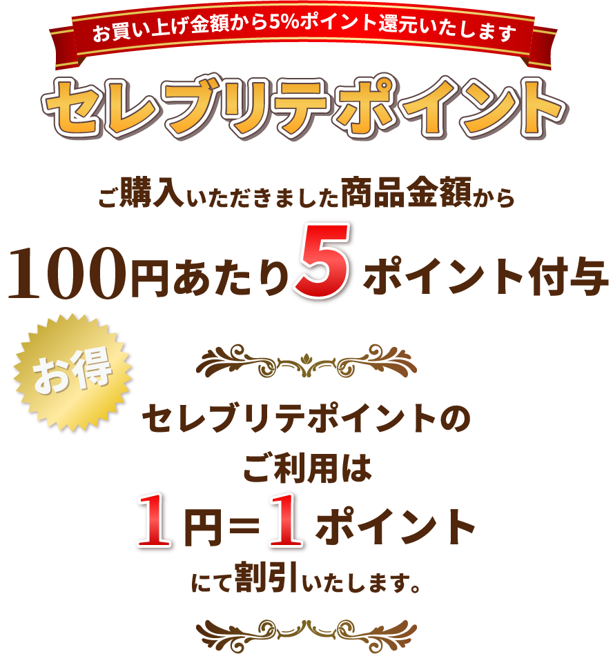 セレブリテポイント。100円あたり5ポイント付与・1円1ポイントにて割引。